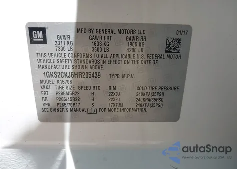 2017 GMC Yukon Denali z USA, uszkodzony, nr VIN 1GKS2CKJ6HR205439